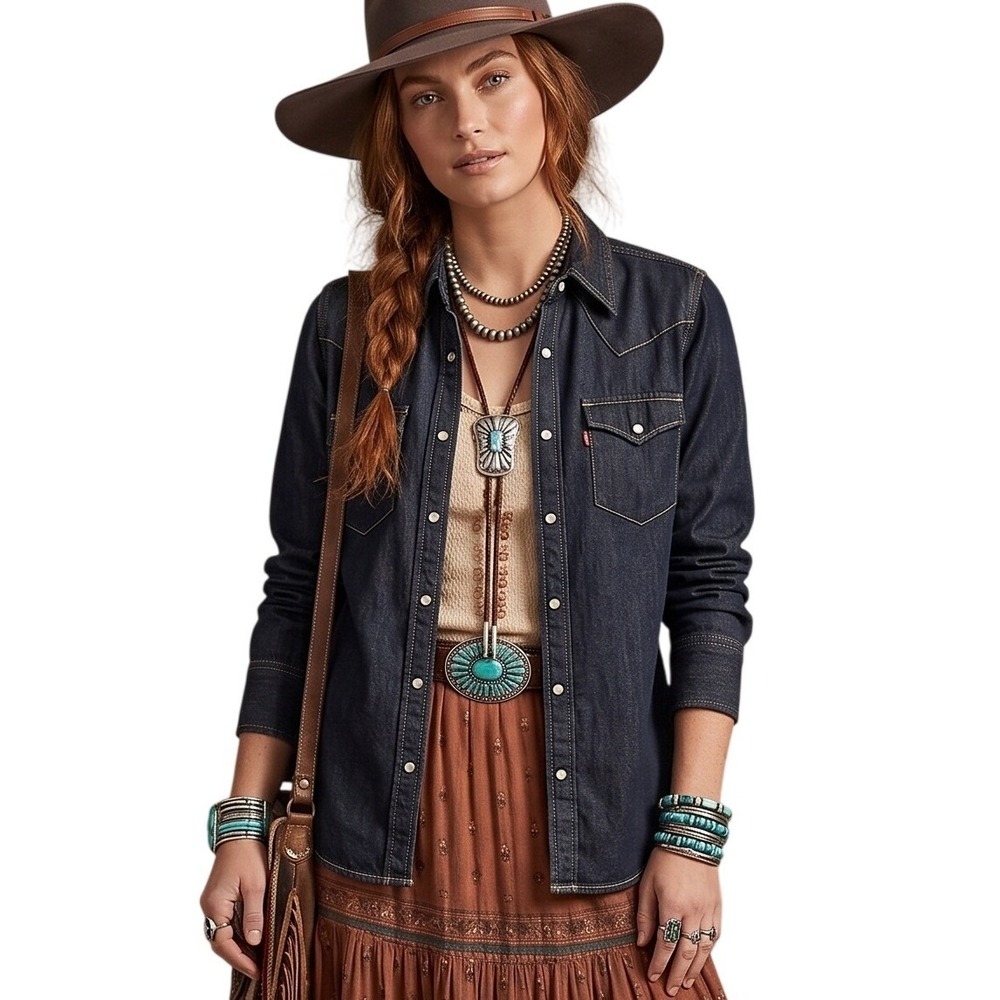 MP Massimo Piombo Womens Denim Western Shirt, Small, Button Down, Collared, NWT